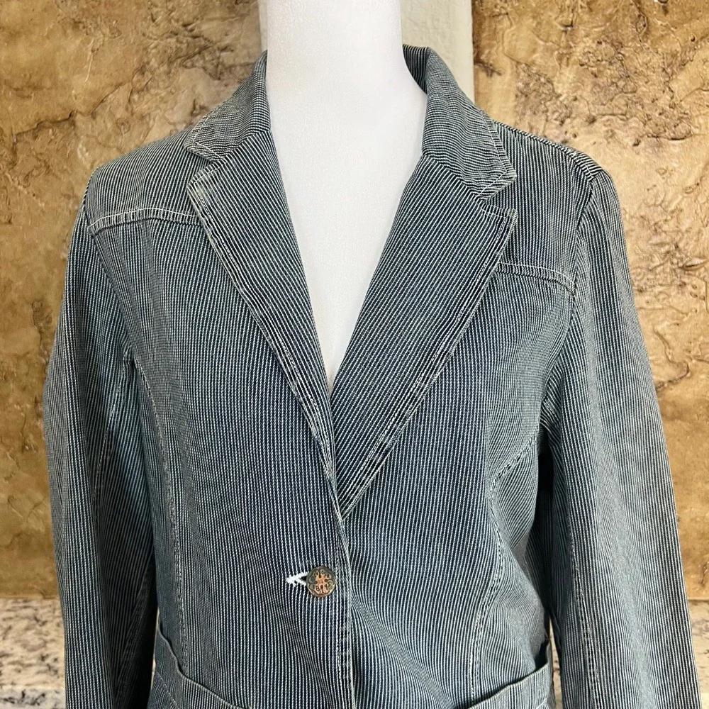 VINTAGE OshKosh Blazer Women‎ Medium Blue Hickory Stripe Denim Railroad 90s Y2K